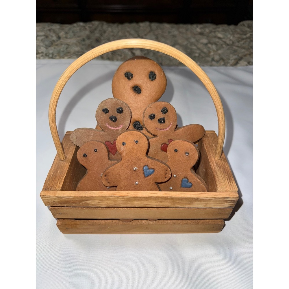 Primitive Gingerbread Family Christmas Decor Wooden Basket Rustic Folk Art Set